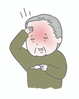 発熱して体温を測るおじいさん 高齢者,シニア,男性,冬,冬服,発熱,風邪,体温計,体温測定,病気のイラスト素材