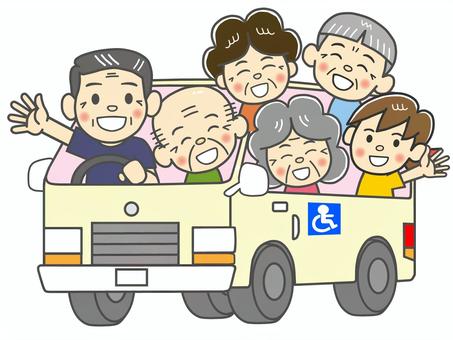 お年寄りを乗せて施設送迎楽しい送迎バス 送迎,バス,バン,車,お年寄り,高齢者,男性,女性,運転手,介護士のイラスト素材
