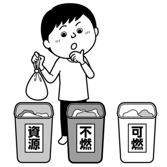 ごみの分別をする男の子_モノクロ版 ゴミ,分別,収集,回収,不燃,可燃,粗大,資源,生ごみ,ゴミ箱のイラスト素材