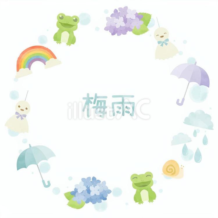 ほんわか可愛い梅雨の円形フレーム 梅雨,カエル,フレームのイラスト素材