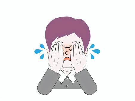 Purple-haired woman blushing, hiding her face and sweating coldly, senior, senior citizens, elderly, JPG, PNG and AI