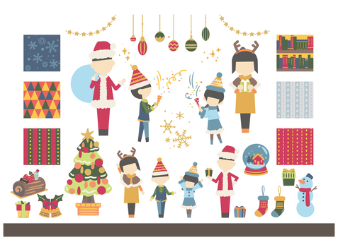 季節のセット　12月　クリスマス 12月,セット,冬,季節,クリスマス,イベント,行事,人物,家族,女性のイラスト素材