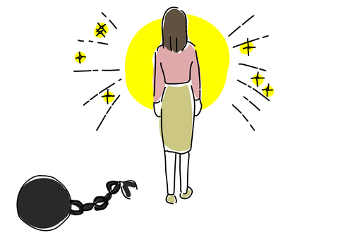足かせが外れて前に進む女性の開放的シーン 自由,解放,足かせ,象徴表現,コンセプト,メタファー,前向き,ポジティブ,女性,成長のイラスト素材