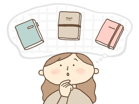 来年の手帳選びをしている女性 手帳,ノート,日記,スケジュール,プランナー,考える,女性,人物,ビジネス,自己管理のイラスト素材