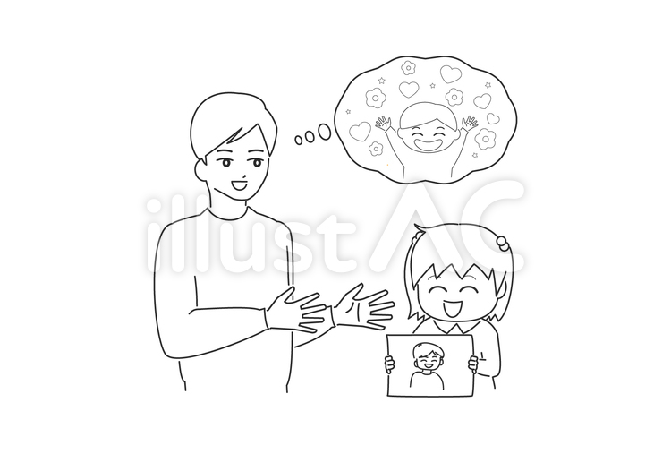 絵をもらってとても喜ぶ男性　線画 男性,女の子,絵のイラスト素材