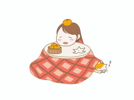 こたつにみかん こたつ,みかん,女性,ねこ,くつろぐ,温まるのイラスト素材
