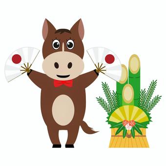 年賀素材 午年 馬 日の丸扇子 門松 馬,年賀状,2026,午,扇子,門松,正月,年賀,パーツ,ワンポイントのイラスト素材