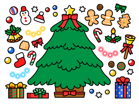 クリスマスツリーとオーナメント クリスマス,クリスマスツリー,オーナメント,ジンジャークッキー,プレゼント,ベル,リボン,飾り,モミの木,電飾のイラスト素材