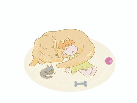 お昼寝 女の子,犬,猫,お昼寝,かわいい,手描き風,癒し,ふわふわのイラスト素材