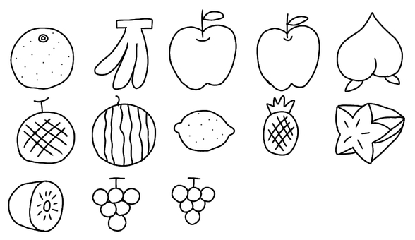 フルーツアイコン色なし フルーツアイコン色なし フルーツ,かわいい,食べ物,みかん,バナナ,アイコン,りんご,梨,桃,メロンのイラスト素材