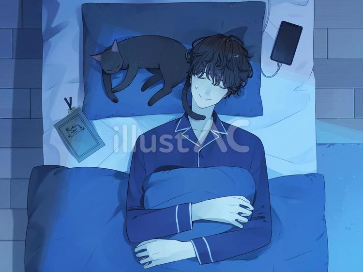 猫と眠る 黒猫,動物,男性のイラスト素材