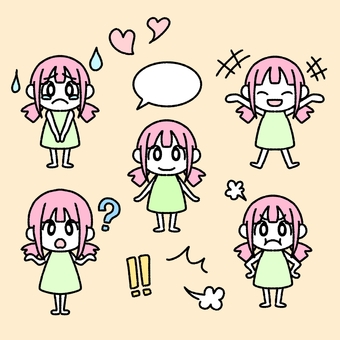 いろんな表情の女の子 女の子,表情,泣く,怒る,わからない,嬉しい,楽しい,吹き出し,記号,びっくりのイラスト素材
