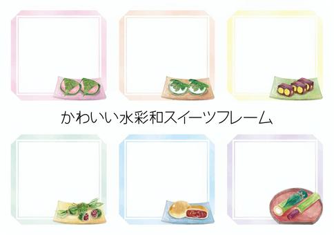 かわいい水彩和スイーツフレーム-5 和菓子,スイーツ,菓子,さくら餅,柏餅,羊羹,栗羊羹,団子,笹団子,饅頭のイラスト素材