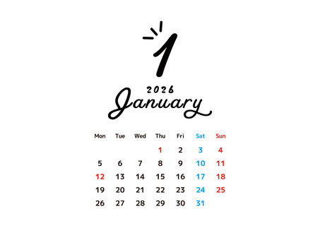 2026年1月のお洒落なカレンダー カレンダー,1月,2026,月間,シンプル,月別,英語,タイポグラフィー,祝日,元旦のイラスト素材