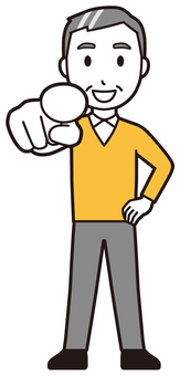 ニット中年男性(黄)-547-全身  ニット中年男性(黄)-547-全身 指さす,笑顔,おじさん,男性,中年,お父さん,パパ,シニア,ミドルエイジ,人物のイラスト素材