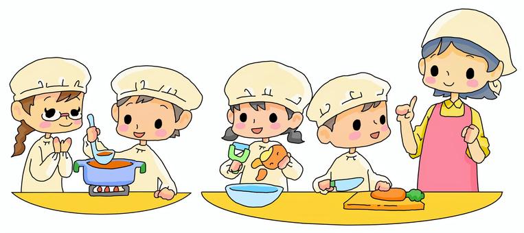 みんなで家庭科実習 家庭科,調理実習,子供,生徒,小学生,大人,女性,先生,エプロン,複数人のイラスト素材