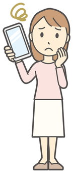  ロングヘア女性-516-全身 スマホ,困る,女性,女の子,人物,かわいい,悩む,考える,心配,不安のイラスト素材