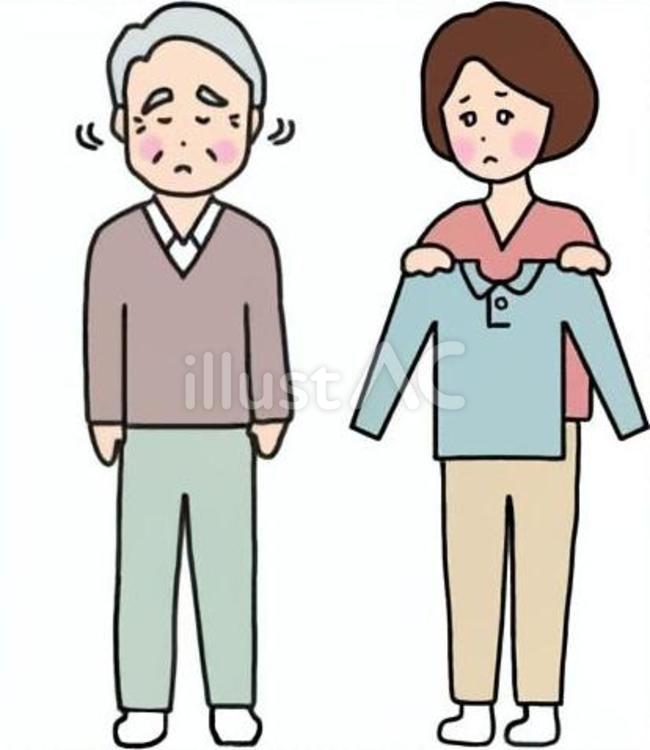 着替えを拒否するおじいさん　困る娘　介護 着替え,拒否,おじいさんのイラスト素材
