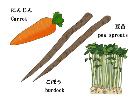 にんじん　ごぼう　豆苗 にんじん,ごぼう,豆苗,野菜,根菜,carrot,pea,sprouts,burdock,ニンジンのイラスト素材