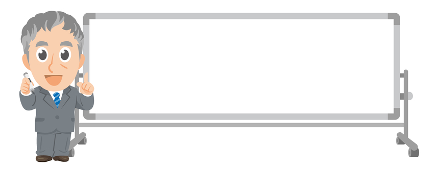 白板傍でペンと指さす年配ビジネスマン① 先生,教師,教員,指導員,スーツ,ビジネス,会社,指を指す,指差し,解説のイラスト素材