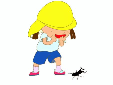 クワガタにびっくり！ 子ども,女の子,クワガタ,虫,昆虫観察,自然体験,園児,帽子,夏,半袖のイラスト素材