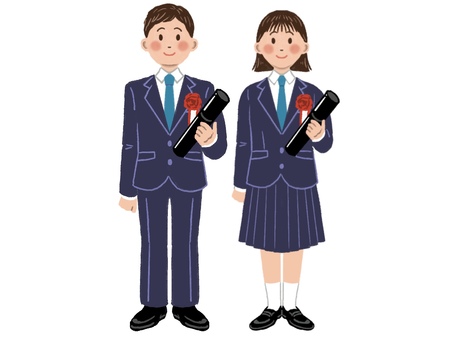 卒業式の子ども　中高生ペア 卒業式,中学生,高校生,男子,女子,学生,制服,子ども,卒業証書,手描きのイラスト素材