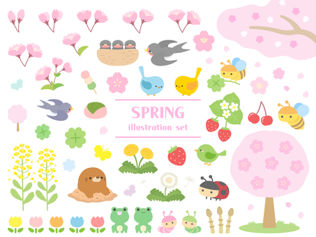 春のイラストセット 春,桜,花,花びら,菜の花,いちご,チューリップ,つくし,たんぽぽ,わたげのイラスト素材