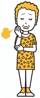  大阪のおばちゃん(黄)-034-全身 悩む,おばちゃん,大阪,ヒョウ柄,おばはん,中年,女性,関西,派手,おばさんのイラスト素材