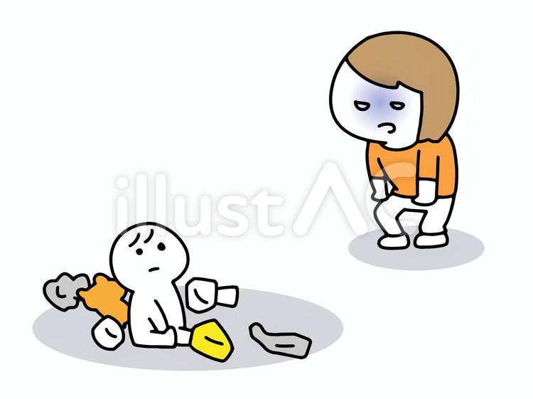 ちらかすこどもと絶望する母親 ママ,親子,ファミリーのイラスト素材