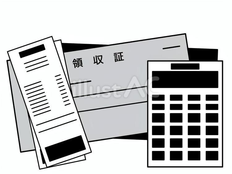 モノクロの重なった領収証とレシートと電卓 領収証,領収書,レシートのイラスト素材