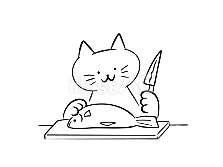 魚をさばく猫（モノクロ） 猫,魚,調理のイラスト素材