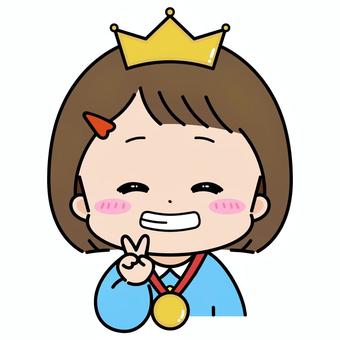 お誕生日に王冠とメダルを貰う女の子２ 誕生日,王冠,メダル,主役,お祝い,表彰,一位,優勝,おめでとう,ピースのイラスト素材