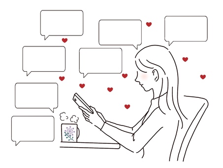 メッセージのやり取りとハート 恋愛,メッセージ,メール,女性,ハート,幸せ,嬉しい,楽しい,恋愛中,彼氏のイラスト素材