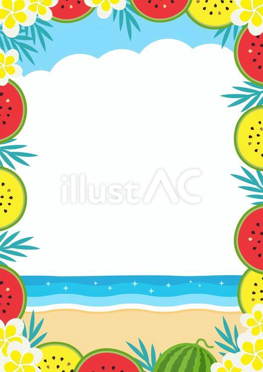 スイカのフレームと夏の海の背景-02 スイカ,すいか,夏のイラスト素材