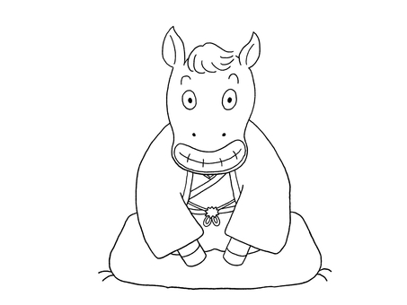 馬　挨拶　線画 午年,馬,2026年,干支,座布団,挨拶,お辞儀,正座,着物,線画のイラスト素材