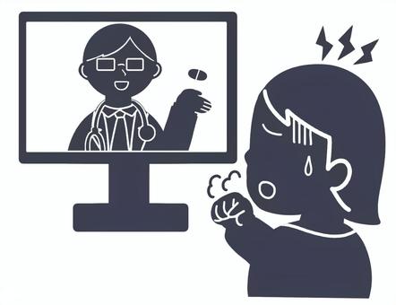 オンライン診療を受ける人のイラスト（黒） オンライン診療,診察,医者,患者,体調不良,風邪,コロナ,インフルエンザ,インフル,モニターのイラスト素材