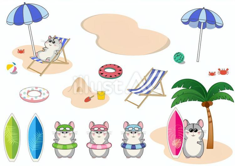 夏を楽しむハムスター（サマービーチ） 夏,ハムスター,海のイラスト素材