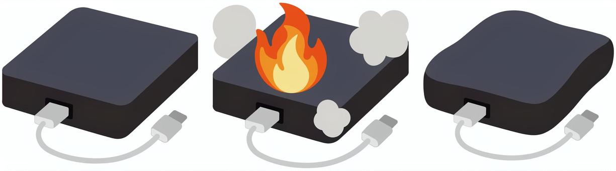 モバイルバッテリー　発火・膨張/変形 モバイルバッテリー,パワーバンク,充電器,電池,シンプル,発火,発煙,火事,火災,火のイラスト素材