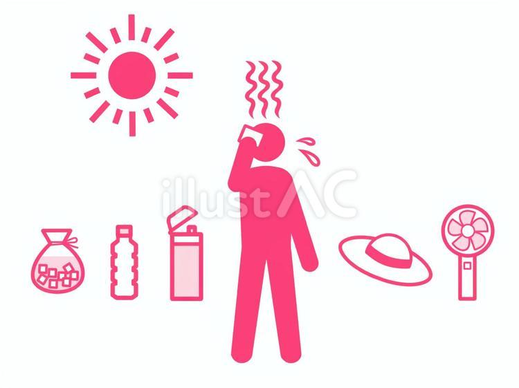炎天下汗をかく人と熱中症予防小物（赤） 暑い,夏,外回りのイラスト素材