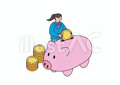 豚の貯金箱にコインを入れる女子学生