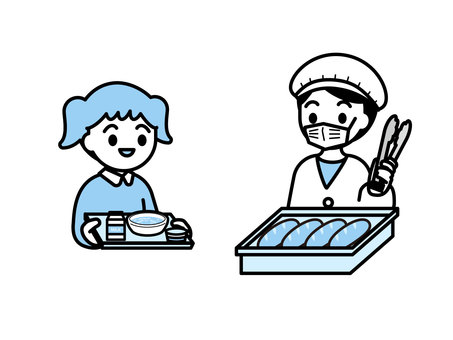 給食当番・給食を受け取る子ども03 人物,子ども,女の子,男の子,白衣,トング,マスク,パン,コッペパン,給食のイラスト素材