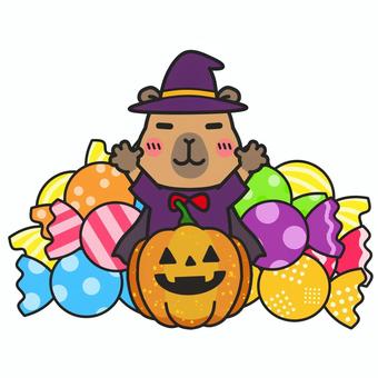 ハロウィングッズで楽しそうなカピバラ ハロウィン,コスプレ,マント,帽子,ジャックオランタン,橙,オレンジ,10月,行事,季節のイラスト素材