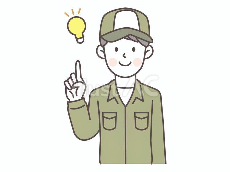 指差しとアイディアと宅配員男性スタッフ 配送員,作業員,倉庫のイラスト素材