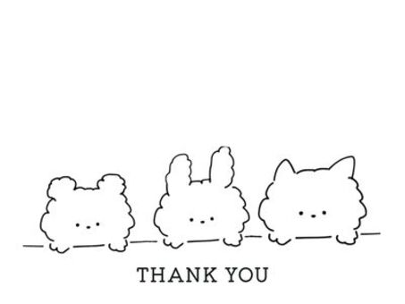 くま　うさぎ　ねこ　のサンキューカード くま,動物,サンキューカード,thank,you,かわいい,手描き,うさぎ,ねこ,モノクロのイラスト素材