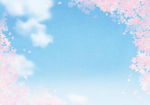 青空に雲と満開の桜　コーナーフレーム 桜,入学式,春のイラスト素材