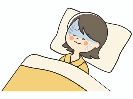寝苦しい顔の若い女性 寝苦しい,うなされる,苦しい,しんどい,不調,体調不良,悪夢,不眠,不眠症,呼吸困難のイラスト素材