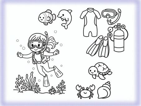 海　０１　ぬりえ ぬりえ,かわいい,海,スキューバーダイビング,趣味のイラスト素材