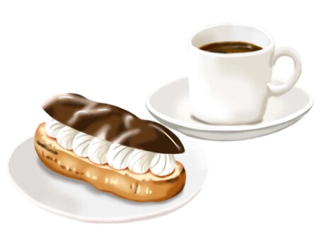 エクレアとシンプルなカップのコーヒー エクレア,洋生菓子,おやつ,コーヒー,甘い,食べ物,美味しい,スイーツ,喫茶,カフェのイラスト素材