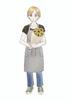 ひまわりの花束を持つお花屋さんの店員さん 女性,人物,全身,花屋,お花屋さん,店員,エプロン,花束,ひまわり,夏のイラスト素材