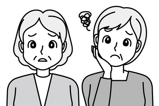 人物イラスト211 人物,女性,60代,70代,シニア,悩む,困る,2人,シンプル,白黒のイラスト素材